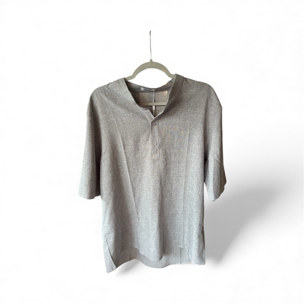 NWT Coofandy Henley Button Down Linen Men's Gray Short Sleeve Shirt